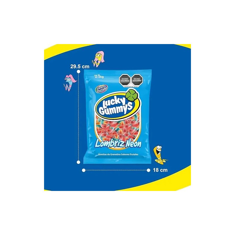 Gomitas Frutales Lucky Gummys Lombriz Neon 1 kg Grenetina