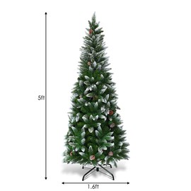 COSTWAY 5FT Artificial Snow Flocked Pencil Christmas Tree, Slim X-mas Tree with 421 Branch Tips, 21 Pine Cones, Xmas Tree Skinny Fake Tree for Indoor Outdoor Festival Decoration