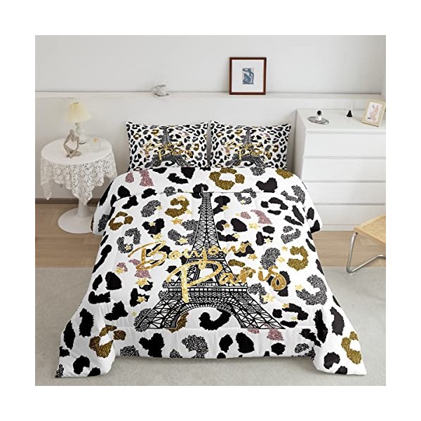 Feelyou Eiffel Tower Comforter Set Leopard Print Bedding Set for