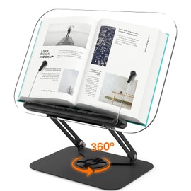 Acrylic Book Stand for Reading, Adjustable Book Holder with 360° Rotating Base & Elastic Page Clips, Foldable Desktop Riser Stand for Cookbook,Laptop,Tablet,Music Scores,Recipe,Textbook (Black)