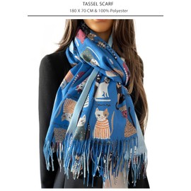 Cat Print Womens Scarf Shawl Wrap Lightweight Scarf, Black Cat Scarf Cat Gift Cotton Scarf, Spring Summer Winter Scarfs Women, Ladies Scarves, Womens Gifts 40th 50th 60th Birthday (Tassel Blue)