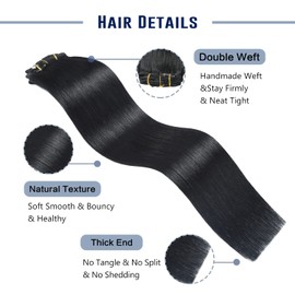 Sunya Clip-In Real Hair Extensions, Jet Black, Remy Clip-In Human Hair Extensions for Women, Invisible Straight Hair Extensions, Natural Hair Weft, 55 cm, 120 g, 8 Pieces