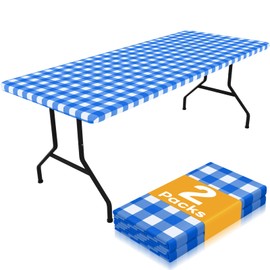 Smiry Picnic Table Cloth 2 Pack, Waterproof Elastic Fitted Tablecloths for 4FT Rectangle Tables, Washable Polyester Buffalo Plaid Tablecloth for Camping, Dining & Outdoor (Blue & White, 30" x 48")