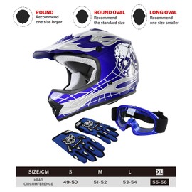 TCT-MOTORPARTS DOT Kids Youth Motocross Helmets ATV Off-Road Dirt Bike Motorcycle Full Face Blue Skull Helmet+Gloves+Goggles X-Large