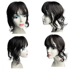 AYunhe Curly Wavy Human Hair Topper for Women Clip in Human Hairpieces with 3D Bangs Fringe Hair Extensions 35cm Mid Part Hair Toupee (1B)