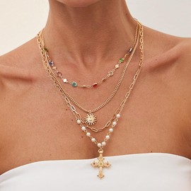 Pearl Cross Necklace Pendant for Women,Dainty Colorful Cubic Zirconia Layered Necklaces Trendy Sun Crucifix Pendant Choker for Woman Fashion Jewelr, big, Metal, No Gemstone