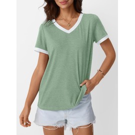 AUTOMET Womens Summer Tops Short Sleeve T-Shirts Spring Fashion Clothes Casual Soft Tunic V Neck Basic Tees Workout Outfits 2025 Green L