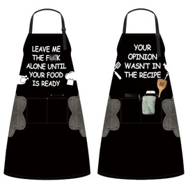 2 Pack Aprons for Women Men with 3 Pockets, Adjustable Waterproof Kitchen Bib Apron with 2 Towels for Chef Servers Grilling Cooking Baking, Plus Size Black Funny Aprons for BBQ Painting Gardening