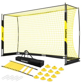 Collapsible Soccer Goal, 12×6 ft Portable Soccer Goal Net for Backyard, Quick Setup Soccer Goals with 1 Carry Bag, 1 Agility Ladder, 4 Ground Nails,12 Training Cones (Black)