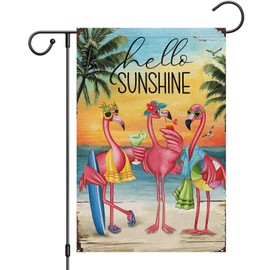 Heyfibro Flamingo Garden Flag Hello Sunshine Hawaii Tropical Beach Holiday Garden Flags 12x18 Double Sided Burlap Welcome Summer Tropical Ocean Sea Yard Flag for Seasonal Outdoor Party Decoration(ONLY