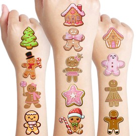 100 PCS Funny Pink Gingerbread Temporary Tattoos Sticker Birthday Gingerbread Man House Cookie Candy Christmas Party Decorations Supplies Favors Boys Girl Cute Fake Tattoo School Reward Themed Winter
