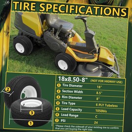 Wiltire 18x8.50-8 Tubeless Tire and Wheel Assemblies(2 Pack),18x8.5-8 Riding Lawn Mower Tire with Rim,Golf Cart Wheels and Golf Cart Tires Combo, 4 Lug 4" Center, 2.83" Center Bore, 6 Ply, 1050lbs