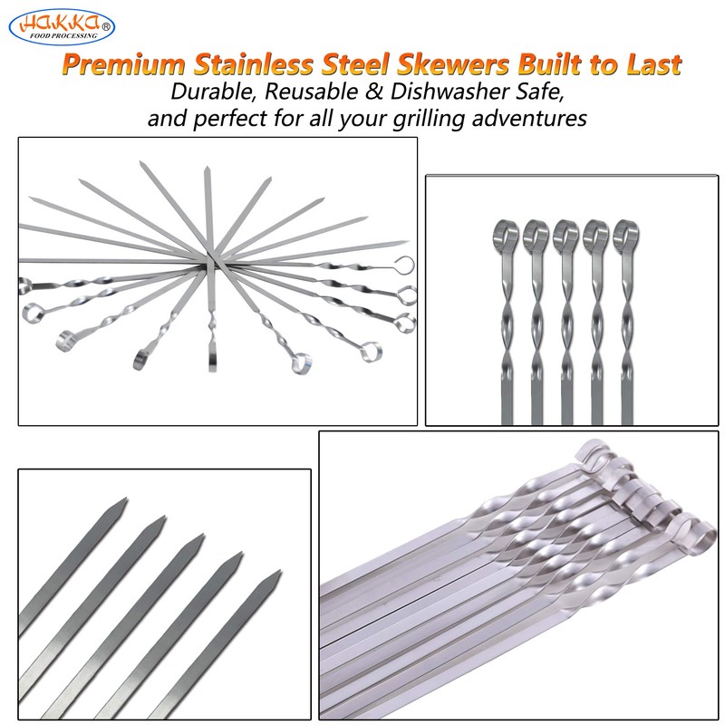 Hakka Stainless Steel Barbecue Skewers, 23" Heavy Duty Metal Skewers