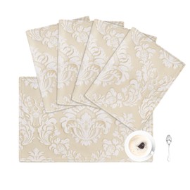 TOPLUXE Place Mats Set of 4 Floral Place Mats Washable 30 x 45 cm Place Mats for Dining Table Holiday Party Living Room Decoration (Beige & White)