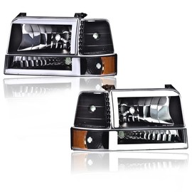 G-PLUS LED DRL Headlights Pair, Fit For 1992 1993 1994 1995 1996 Ford Bronco F150/1992-1996 F250 F350 Super Duty Headlamps w/Corner Signal, Clear lens Black Housing Amber Reflector