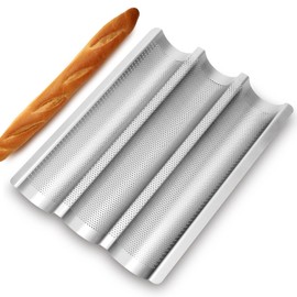 Fulimax Baguette Pan, French Bread Pans For Baking Pan, Nonstick 3 Slots Perforated Italian Loaf Pan Mold Long French Bread Pan, Silver