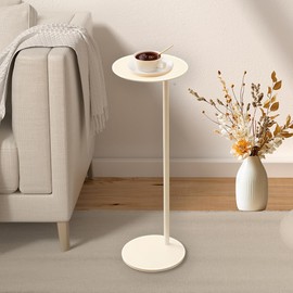 RhymiDot Premium Round Small Pedestal Side Table, End Table, Mini Drink Table with Upgraded Weighted Metal Base, for Livingroom, Bedroom, Bathroom, Balcony, Small Spaces (White)