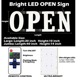 Led Open Signs for Business 40x14in Big Open Sign Led w/Remote Control Window Wall Door Store Bar Coffee Salon,ON/OFF Switch White