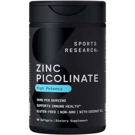 Sports Research Zinc Picolinate 50mg with Organic Coconut Oil | Highly Absorbable Zinc Supplement for Healthy Immune Function - Non-GMO Verified, Gluten & Soy Free (60 Liquid Softgels)