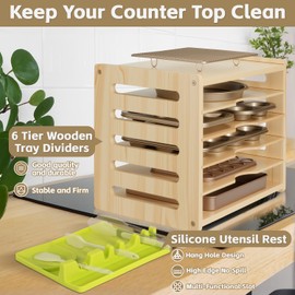 6 Tier Wooden Cabinet Tray Dividers for Baking Trays, Pans & Cutting Boards - 16.61" W x12.4 D x14.09 H Vertical Cookie Sheet Organizer, Spoon Rest, Utensil Holder, Kitchen for Pots Pans Storage