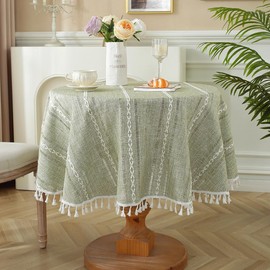 meioro Böhmische Tischdecke für Küche Dekoration, R140cm Makramee Tischtuch mit Quasten, Rechteckige Leinen Tischwäsche, Gestreifte Tafeldecke Mesh Tischdecken für Esstisch Tabletop(Olivgrün)