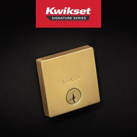 Kwikset Downtown Deadbolt Lock, Satin Brass Square Exterior Keyed Front Entry Door, Pick Resistant SmartKey Rekey Security, Single Cylinder Dead Bolt, with Microban Protection