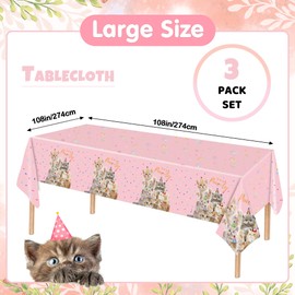 SKEPHWSKA 3 Pack Cat Party Tablecloth Cat Party Table Cover 54 x 108 Inch Cat Plastic Tablecloth Kitten Birthday Party Table Cover for Kids Birthday Baby Shower Party Decorations Supplies Pink