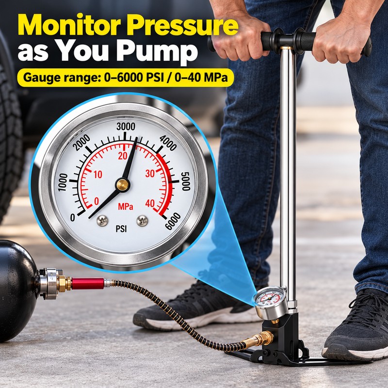 4500 PSI 3-Stage High Pressure Hand Pump with Gauge, 19.7