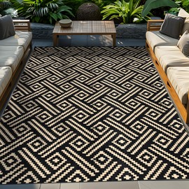 ROCYJULIN Outdoor Rug 8x10 Patio Waterproof, Outdoor Plastic Straw Rug, Outdoor Carpet for Camping, Deck, Rv, Balcony, Porch, Backyard, Reversible Outdoor Area Rug, Black and Beige