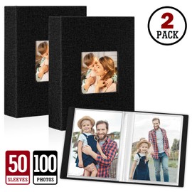 Lanpn Photo Albums 7x5 Pockets, Linen Slip in Top Loading Photo Album Holds 100 Portrait 13x18cm Pictures (Black, 2 Packs)
