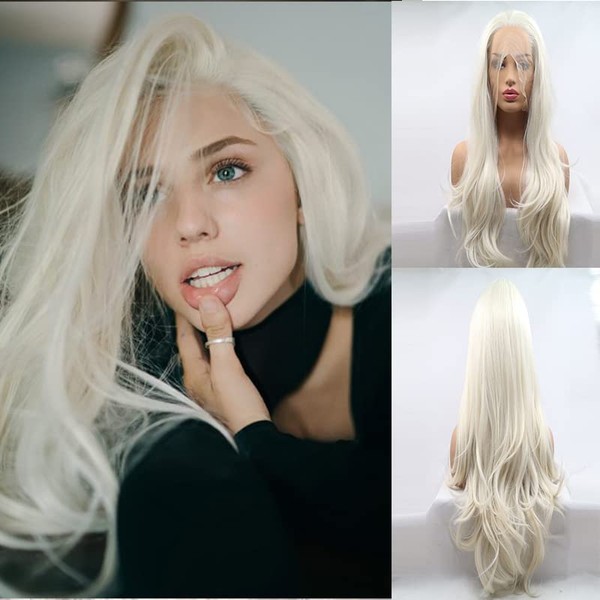 Xiweiya 60# White Blonde Lace Front Wig Long Platinum Blonde Body Wave Synthetic Lace Front Wig Natural Hairline High Density Wig Heat Resistant Fibre Wig for Women 61 cm