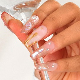 Sethexy French Long Coffin Handmade False Nails Pink Rhinestone Glitter Aurora Fake Nails 3D Crystal Glossy Press On Nails Acrylic Stick On Nails for Women and Girls 10PCS(G)