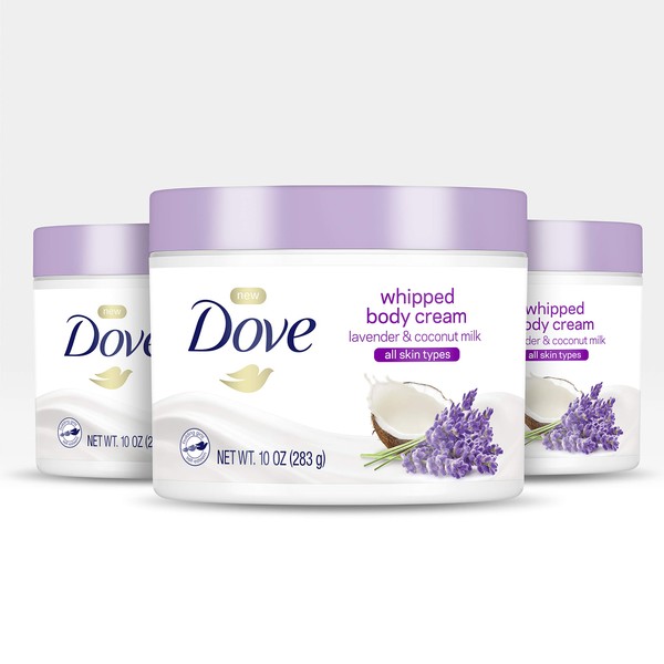 Dove Whipped Body Cream Dry Skin Moisturizer Lavender and Coconut Milk Nourishes Skin Deeply, 10 Ounce (Pack of 3)