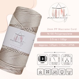 Makromecity, Polyester Macrame Cord 2mm x 125 Yards (375 feet) 2mm Polypropylene Macrame Cord Crochet Macrame Bag Cord Crafts for Wall Hangings, Bags, Underplate, Rug (1, Latte)