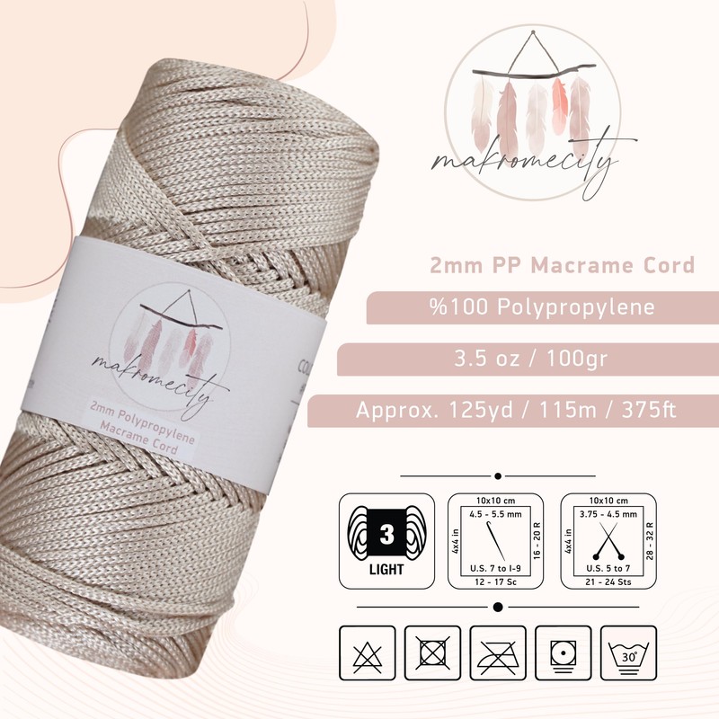Makromecity, Polyester Macrame Cord 2mm x 125 Yards (375 feet)