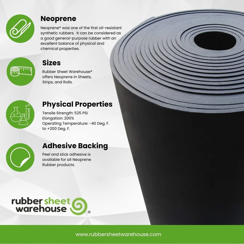 Neoprene Rubber Sheet, Rolls, Strips 1/4" (.250") Thick x 36"