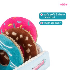 Pawty Dog Toys - Donut Box Interactive Toy - Plush Interactive Food Shaped Parody Toy - Fetch Cute Chew Toy - Cute Dog Gifts for Favorite Dog Birthday
