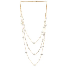 Gold White Statement Necklace Three-Strand Long Chains with Synthetic Pearl Beads, Elegant, Dress(CA)