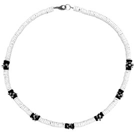 16" Puka Shell Necklace for Women, Beach Necklaces with Black Spike Beads, Genuine Round Heishi Bead Chokers for Women, Seashell Beach Choker for Adults, Fashion Summer Hawaiian Surfer Jewelry