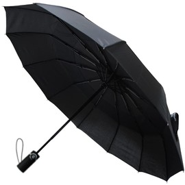 COLLAR AND CUFFS LONDON - Rare 12 Rib Compact Umbrella, 4 Extra For Strength - 80kph Strong Reinforced Windproof Frame with Fiberglass - Vented Canopy - Small Auto Open and Close - Black - Men Women