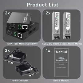 2Pack BiDi Gigabit Multi-Mode Fiber Ethernet Media Converters, with 2Pack Dual SFP LC Transceiver Module 850nm 1.25Gbps, 1000Base-SX to 10/100/1000Base-TX, LC Connector, RJ45 Interface MMF, Up to 550m