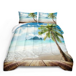 Bedbay Beach Comforter Set Twin Size Ocean Beach Themed Bedding Set Tropical Coastal Palm Tree Comforter Beach Quilt Set 1 Comforter 1 Pillowcase (Beach, Twin)