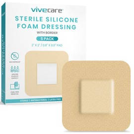 ViveCare Silicone Foam Dressing 2x2 with Border Adhesive - Bed Sore Bandage Foam Wound Dressing - Silicone Bordered Foam Dressing with Adhesive Border - Pressure Sore & Ulcer Wound Patches (5 Pack)