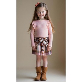 HPSOM Baby Kids Girl Clothes Set Ruffle Ribbed Long Sleeve Top Bow Tie Plaid Skirt 2PCS Spring Fall Toddler Outfits Set 2-7Y