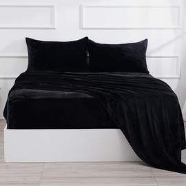 Micro Fleece Bed Sheet Set Queen Size Black - Ultra-Soft Velvet Plush Queen Bed Sheets with Deep Pockets,No Pilling,Cozy Warmth for All Season - 4 Piece Set Bedding Sheets & Pillowcases