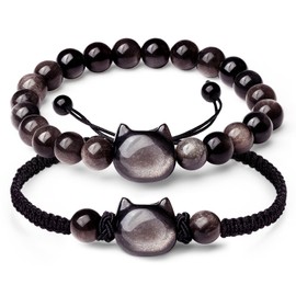 Ecation 2 Pcs Cat Black Obsidian Bracelet Set Money Wealth Mood Beaded Bracelet Rope Bracelets for Men Women Stretch Bracelet Good Luck Feng Shui Bracelets Gifts Jewelry for Boyfriend Husband Father