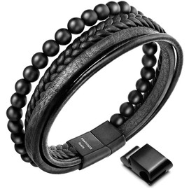 Speroto New Mens Bracelet Bead and Leather Braided, Lava and Onyx Bead Leather Bracelet for Men (Black, 7.5)