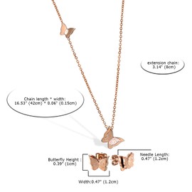 Flongo Women's Stud Earrings Necklace Jewellery Set Stainless Steel Earrings Chain Necklace Necklace Set Cute Butterfly Pattern Pendant Rose Gold Colour Elegant for Women, Stainless Steel