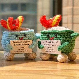 Levvohd Emotional Support Dumpster Decor Fire, Funny Handmade Crochet Dumpster Knitting Doll, Cute Desk Accessories for Women Office (Green+Blue)