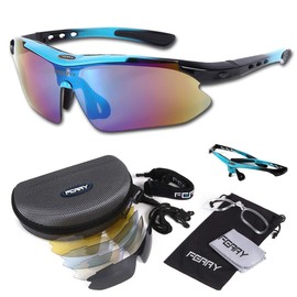 FERRY Polarized Lens Sports Sunglasses Full Set with 5 exclusive replacement lenses. Unisex / 7 Colors , blue